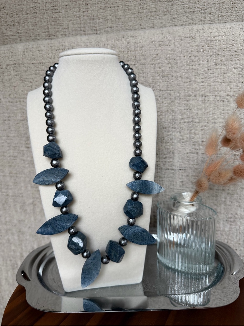 Blue Sponge Coral Statement Necklace Silver Tone Artisan Style